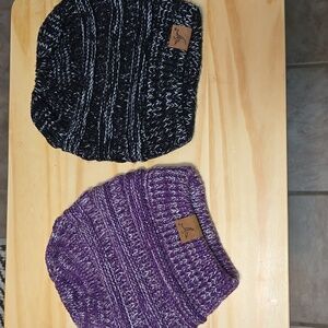 Cozy Ponytail Beanie Set - Purple and Black